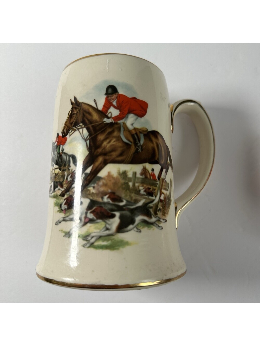 Vintage Sadler Staffordshire England Fox Hunt Horse Hounds Tankard Mug Gold Trim